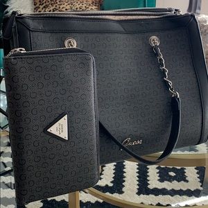 GUESS Black Monogram Satchel and Wallet